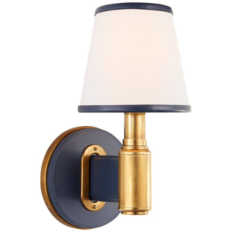 Natural Brass and Navy Leather Wall Sconce with Linen Shade