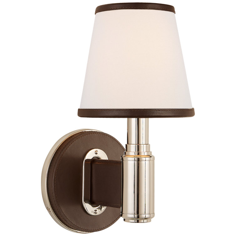 Polished Nickel and Chocolate Leather Sconce with Linen Shade