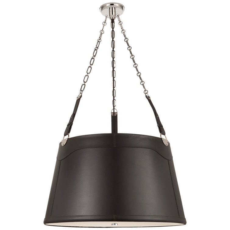 Polished Nickel and Chocolate Leather 3-Light Drum Chandelier