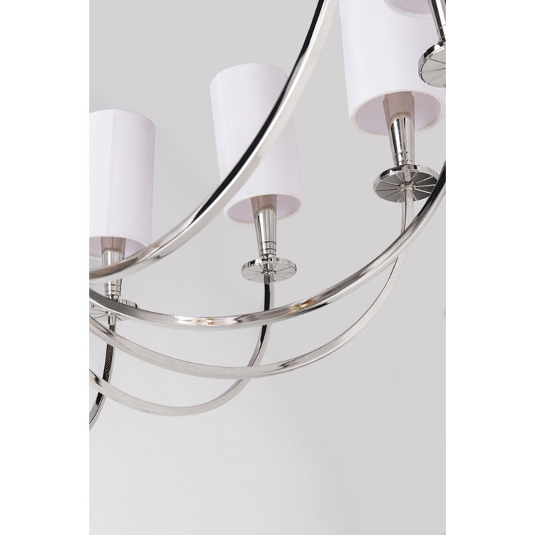 Polished Nickel 12-Light Chandelier with White Faux Silk Shades