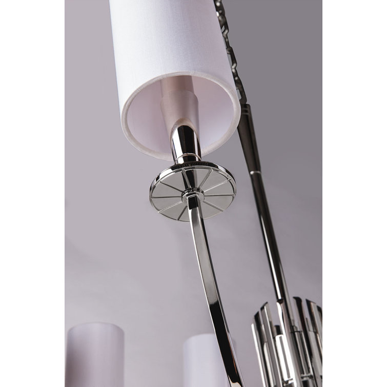 Polished Nickel 12-Light Chandelier with White Faux Silk Shades