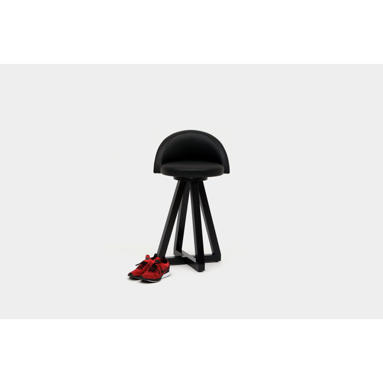 Black Leather and Wood Swivel Bar Stool with Round Base