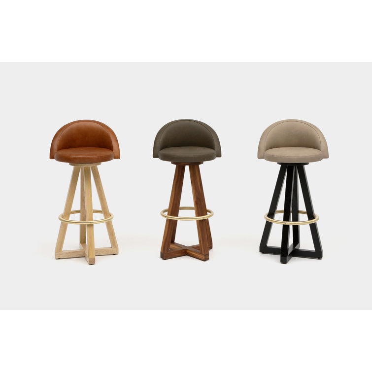 Walnut Leather Swivel Bar Stool with Pedestal Base