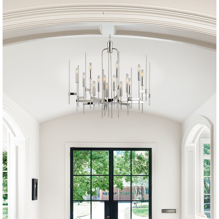 Polished Nickel 16-Light Crystal Chandelier with Glass Shades