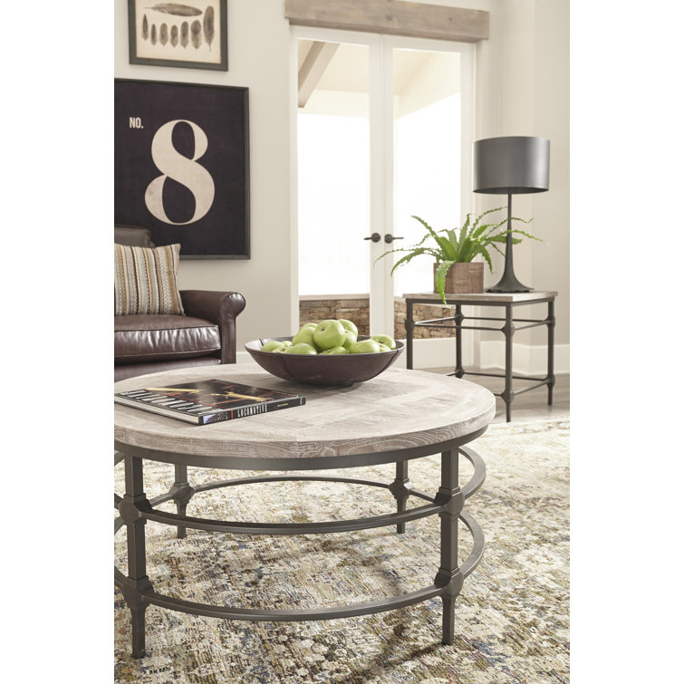 Contemporary 35'' Round Wood & Metal Coffee Table in Brown