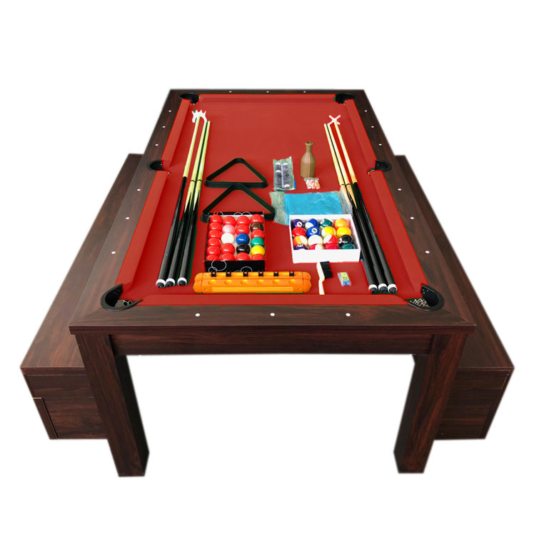 7' Cherry Wood Pool Table with Red Felt and Benches