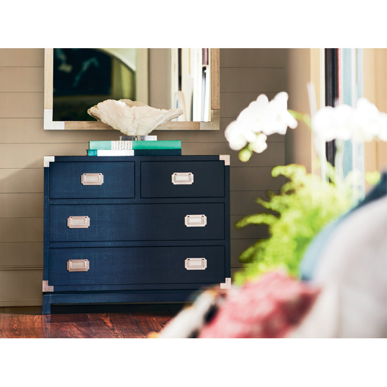 Navy Blue Coastal Wood Campaign Chest with Dovetail Drawers