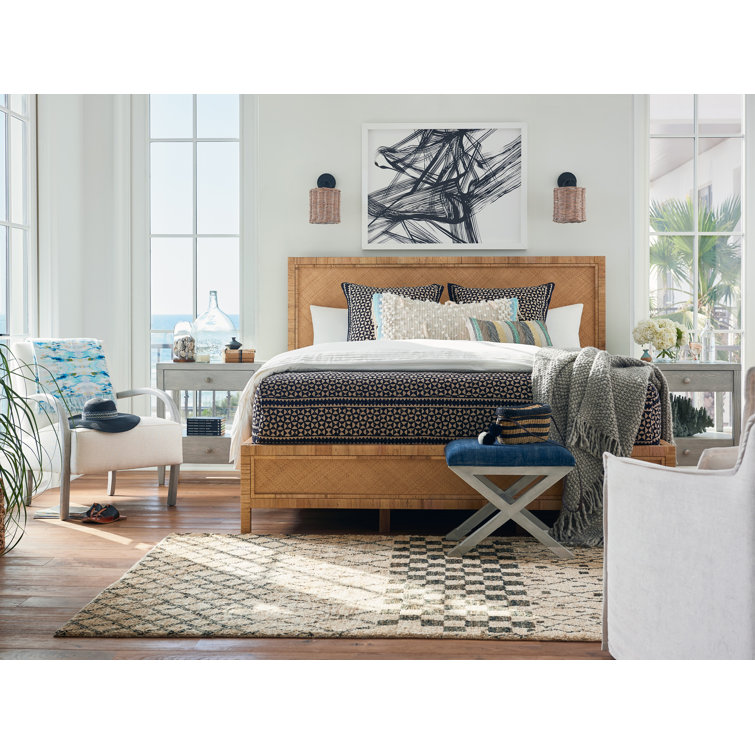 King Coastal Brown Rattan Panel Bed with Upholstered Headboard