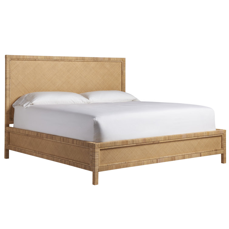 King Coastal Brown Rattan Panel Bed with Upholstered Headboard