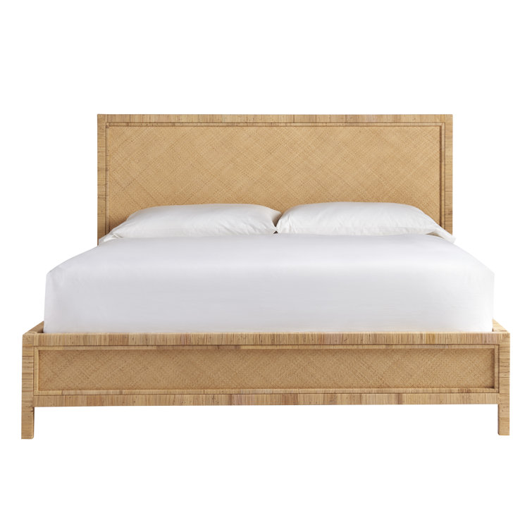 King Coastal Brown Rattan Panel Bed with Upholstered Headboard