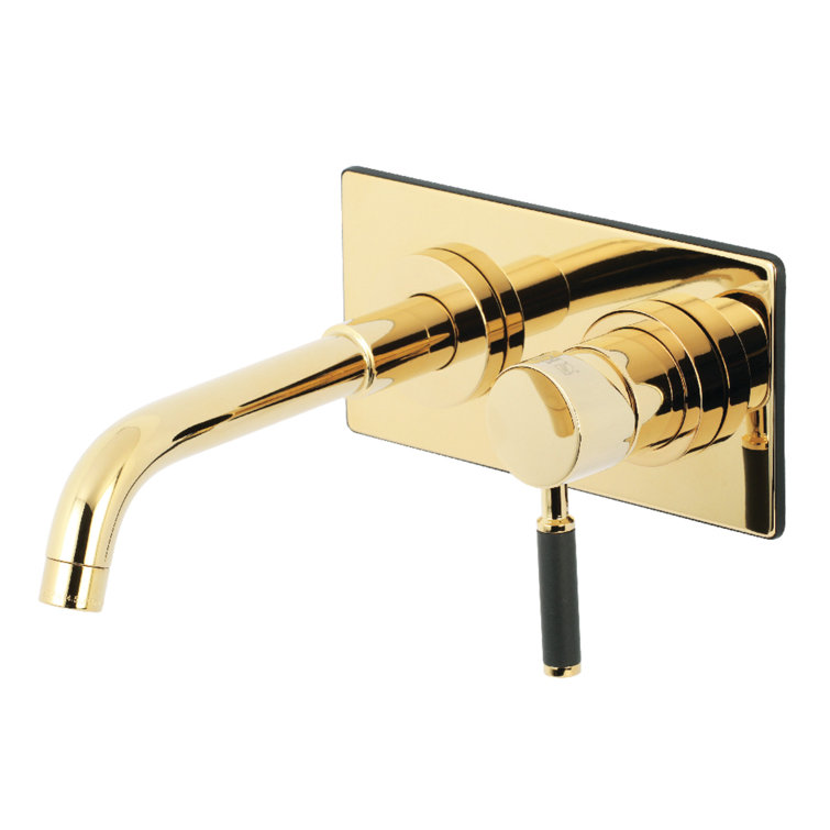 Polished Brass Wall Mount Bathroom Faucet with Black Handle