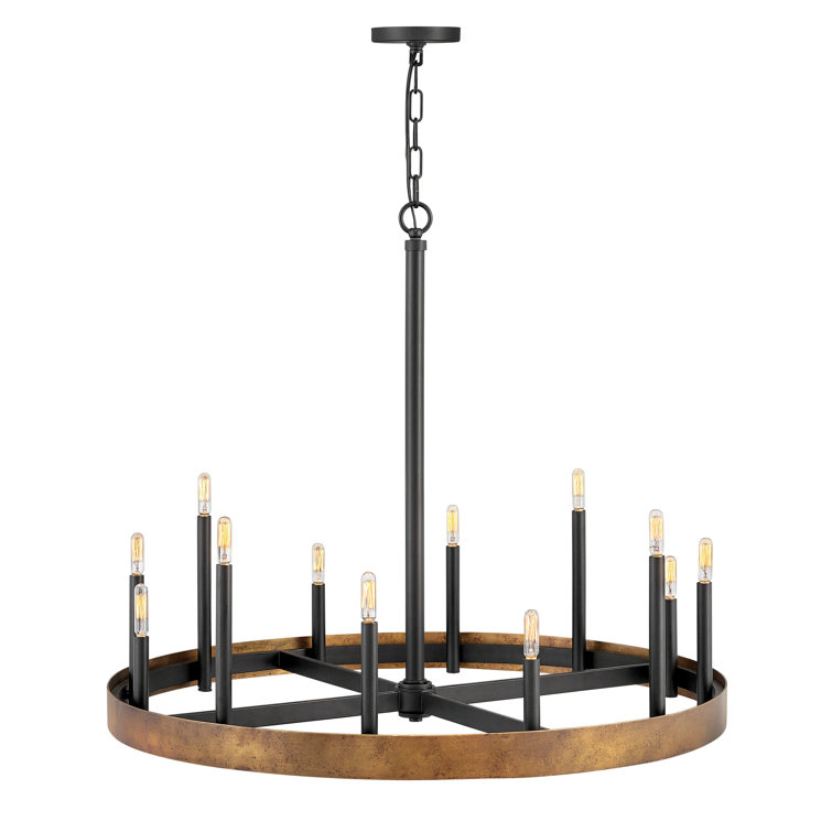 Weathered Brass and Black 12-Light Wagon Wheel Chandelier