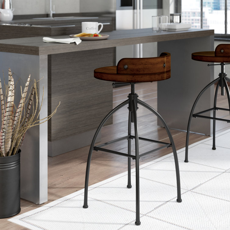 Edison Industrial Black Metal and Medium Wood Swivel Bar Stool