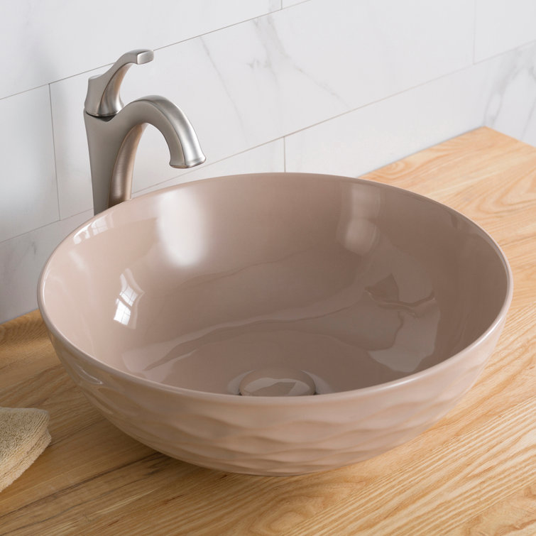 Beige Round Ceramic Vessel Sink with Ultra-Slim Edges