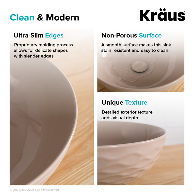 Beige Round Ceramic Vessel Sink with Ultra-Slim Edges