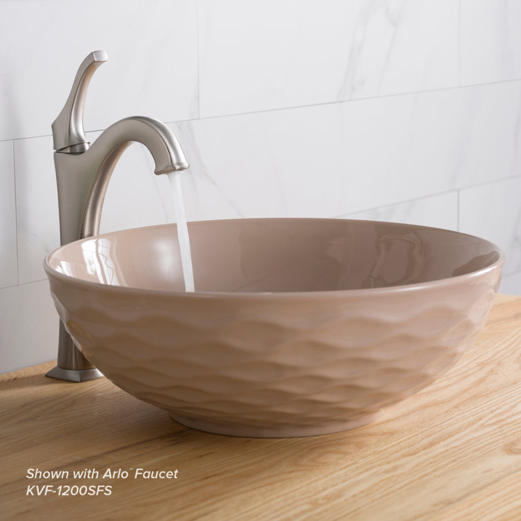 Beige Round Ceramic Vessel Sink with Ultra-Slim Edges