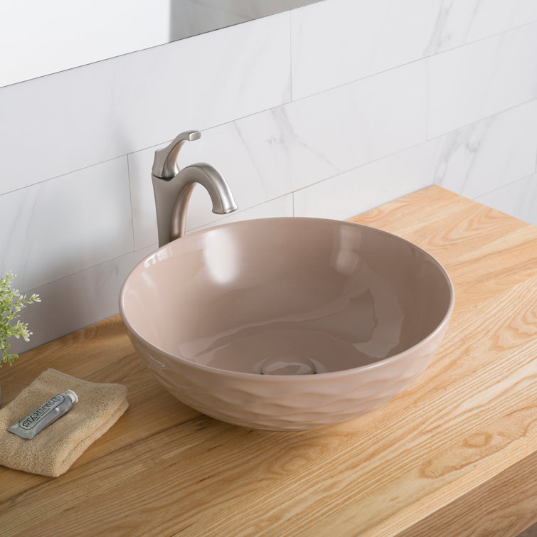 Beige Round Ceramic Vessel Sink with Ultra-Slim Edges