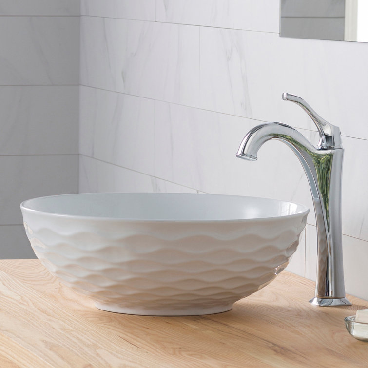 Modern Round Grey Ceramic Vessel Bathroom Sink, 16.5" with Pop-Up Drain