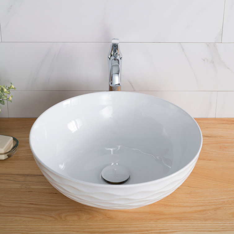 Modern Round Grey Ceramic Vessel Bathroom Sink, 16.5" with Pop-Up Drain