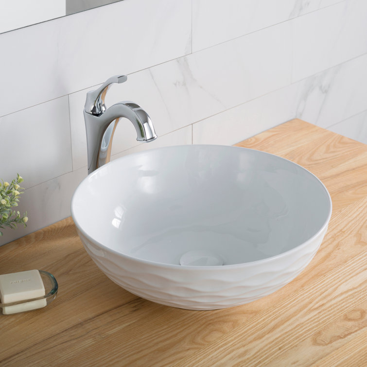 Modern Round Grey Ceramic Vessel Bathroom Sink, 16.5" with Pop-Up Drain