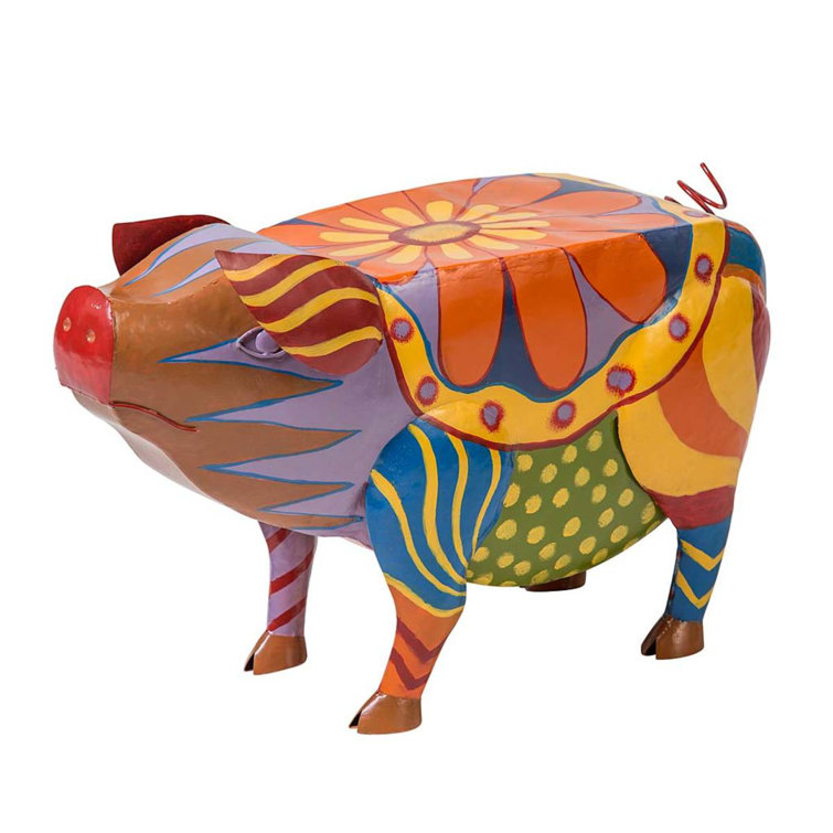Colorful Folk Art Pig Metal Outdoor Side Table