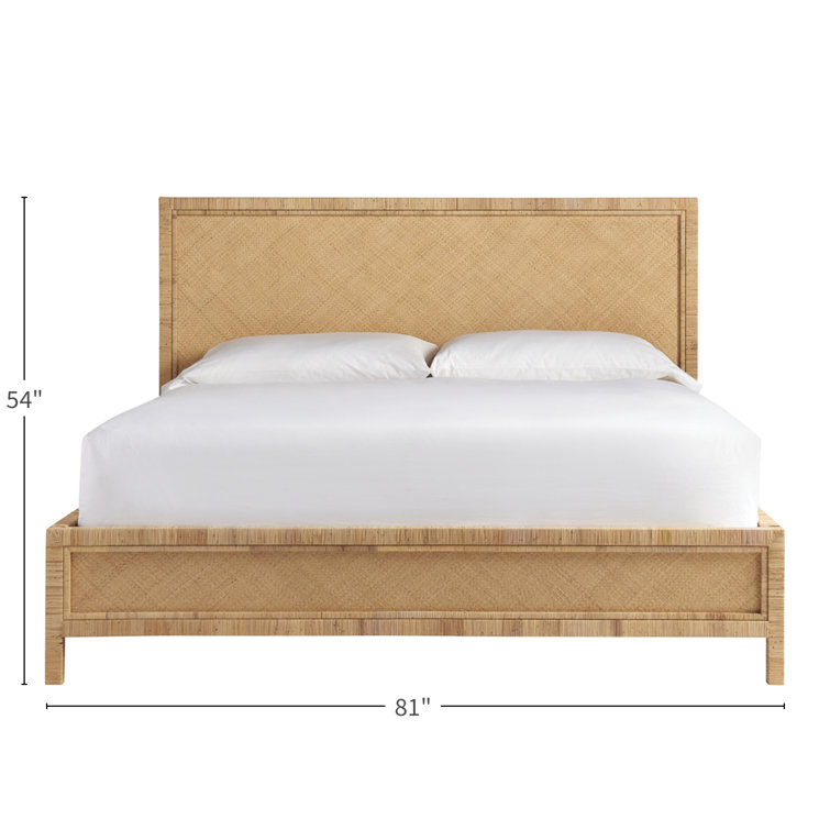 King Coastal Brown Rattan Panel Bed with Upholstered Headboard