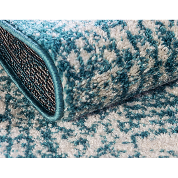 Turquoise and Ivory Geometric Easy Care Synthetic Rug, 8' x 11'