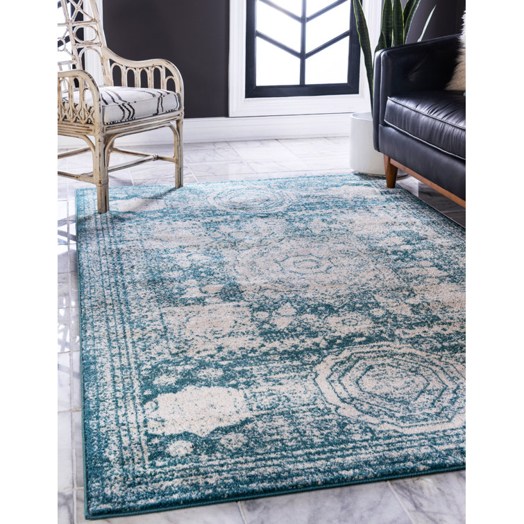Turquoise and Ivory Geometric Easy Care Synthetic Rug, 8' x 11'