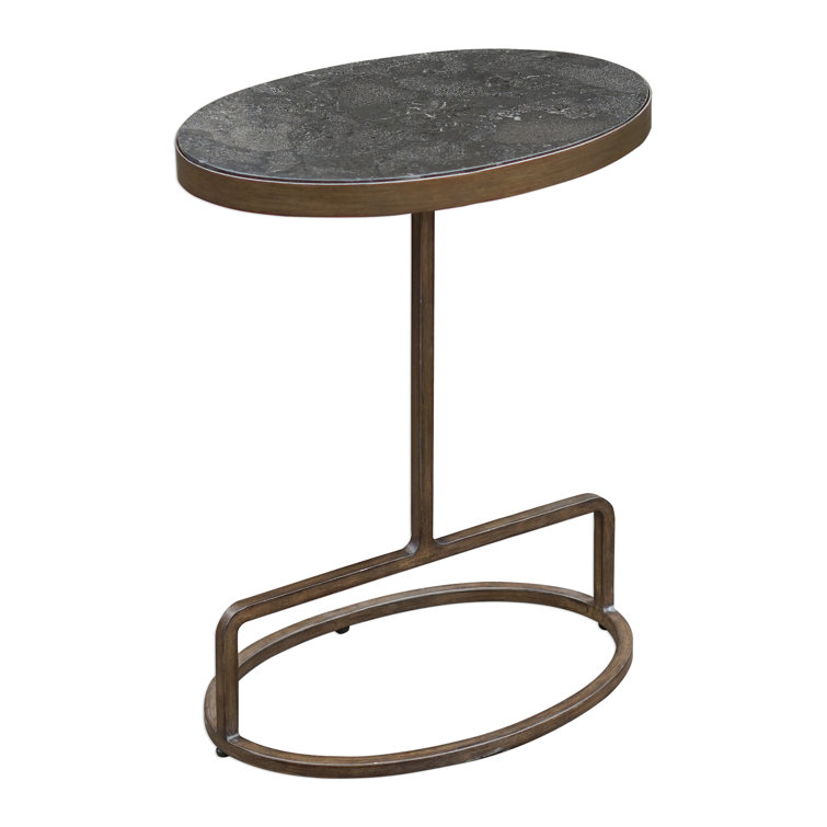 Oval Gold and Gray Marble Metal Accent Table