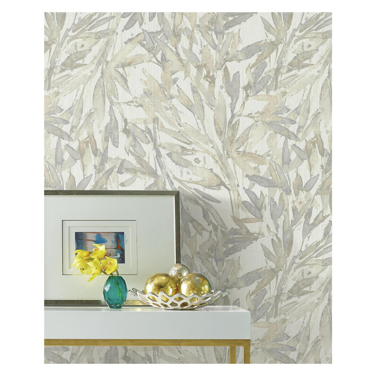 Cream and Gray Rainforest Leaves Vinyl Wallpaper