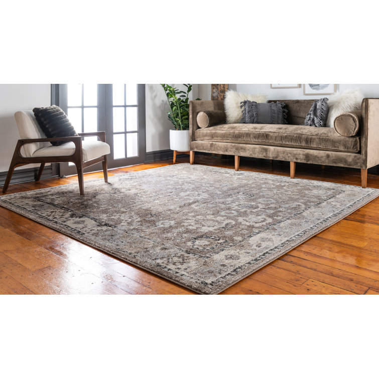 8' Square Light Brown Floral Synthetic Rug