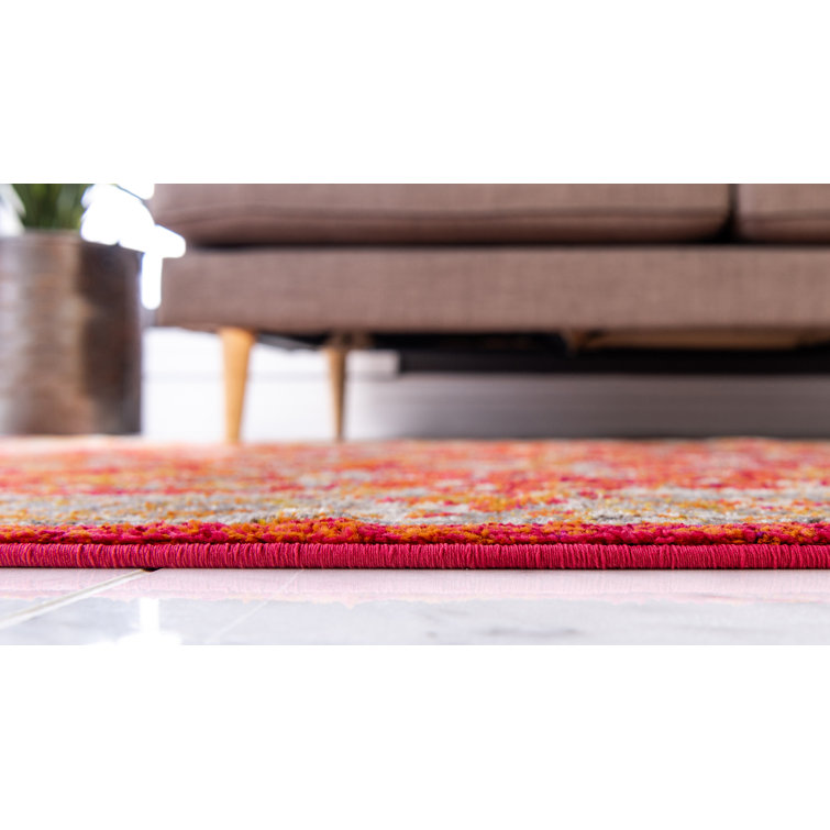 Rust Red Floral Square Stain-Resistant Synthetic Rug