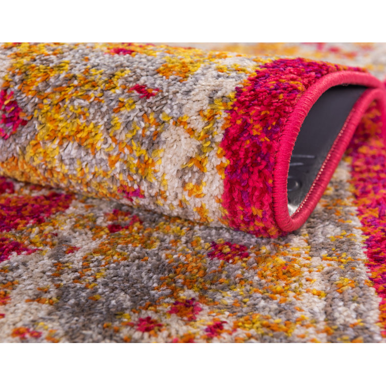 Rust Red Floral Square Stain-Resistant Synthetic Rug
