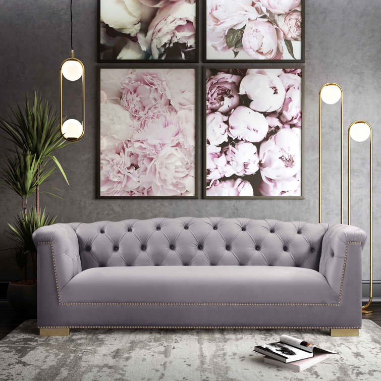 Farah 92'' Gray Velvet Tufted Sofa with Nailhead Trim