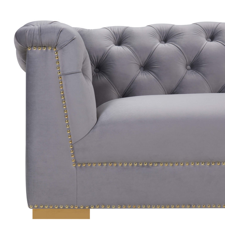 Farah 92'' Gray Velvet Tufted Sofa with Nailhead Trim