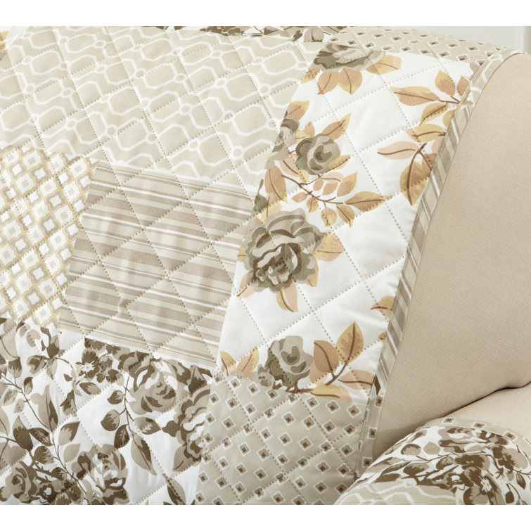 Langdon Luxe Patchwork Taupe Loveseat Slipcover with Scalloped Edges