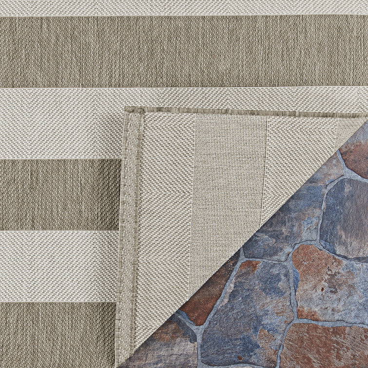 Tan and Ivory Striped Flatweave Indoor Outdoor Rug