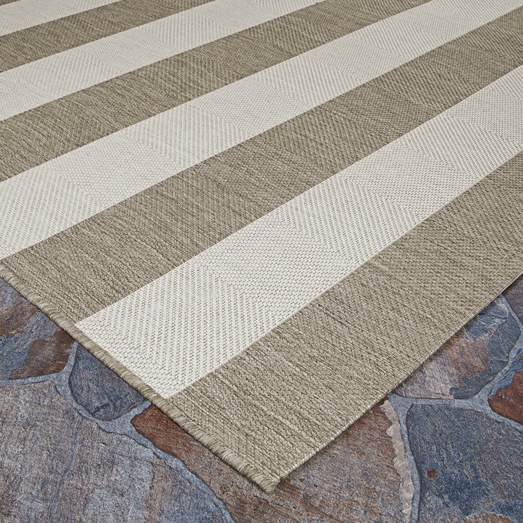 Tan and Ivory Striped Flatweave Indoor Outdoor Rug