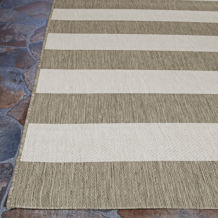 Tan and Ivory Striped Flatweave Indoor Outdoor Rug