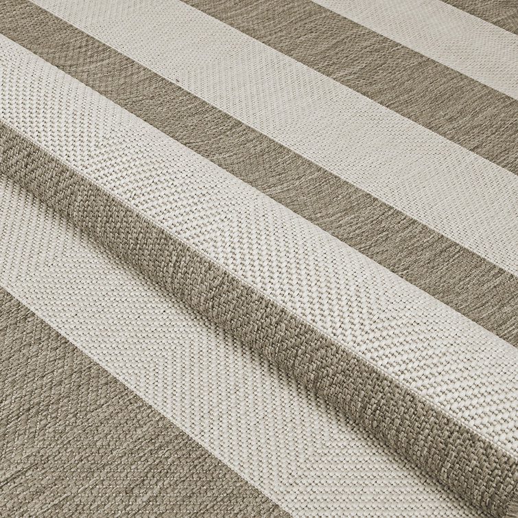 Tan and Ivory Striped Flatweave Indoor Outdoor Rug