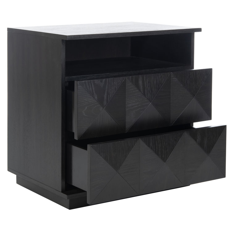 Black Geometric 2-Drawer Solid Wood Nightstand