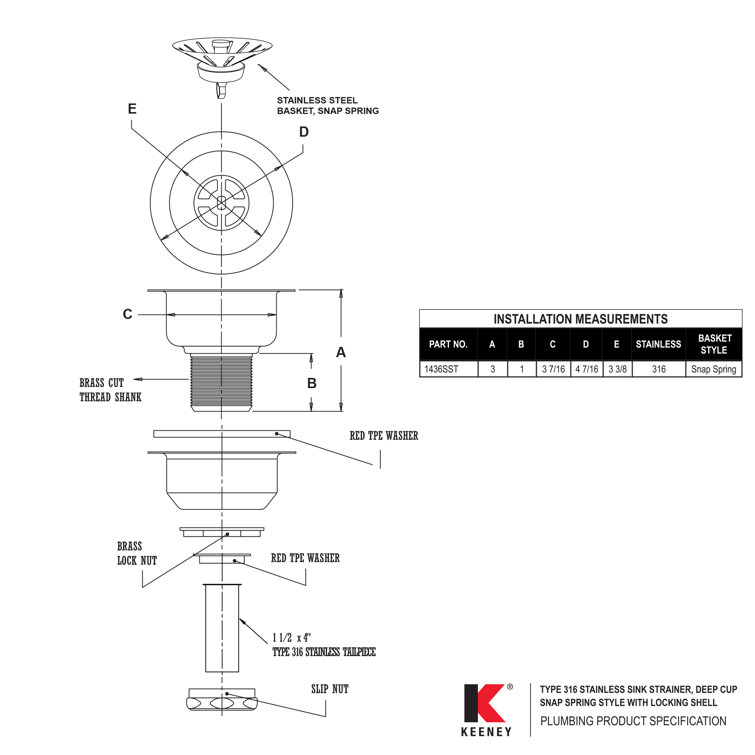 Keeney Stainless Steel Kitchen Sink Strainer with Brass Shank