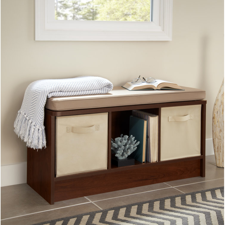 Dark Cherry Wood Storage Bench with Tan Cushion