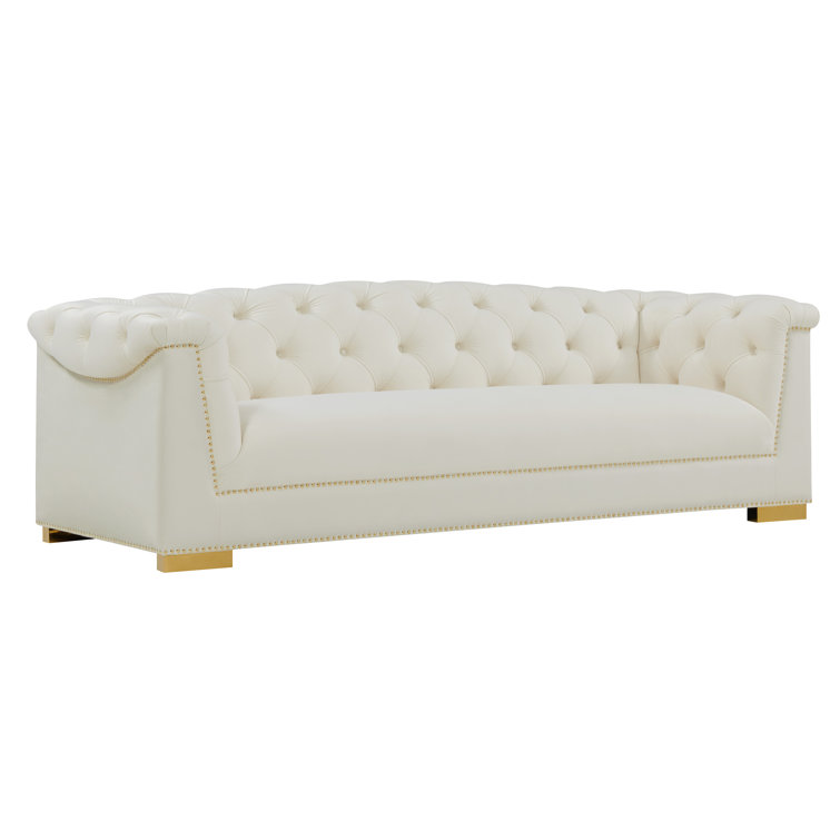 Farah Cream Velvet 92.1'' Tufted Sofa with Gold Nailhead Trim
