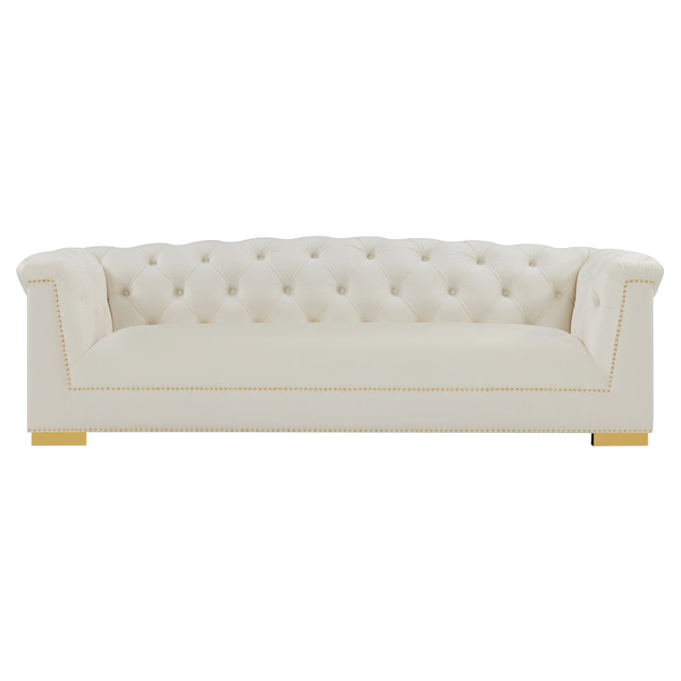 Farah Cream Velvet 92.1'' Tufted Sofa with Gold Nailhead Trim