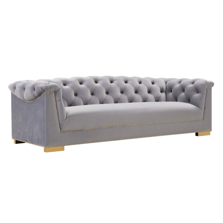 Farah 92'' Gray Velvet Tufted Sofa with Nailhead Trim