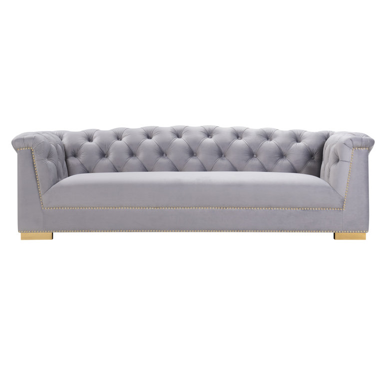 Farah 92'' Gray Velvet Tufted Sofa with Nailhead Trim