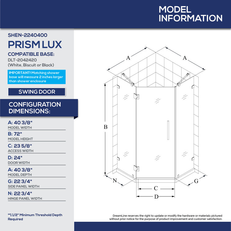 Prism Lux 42" Frameless Neo-Angle Clear Glass Shower Enclosure
