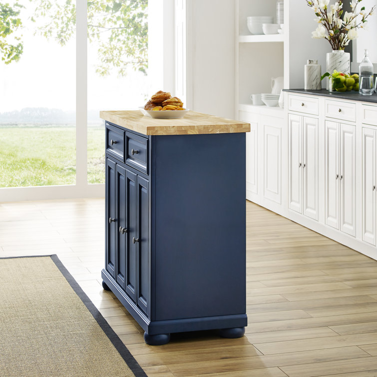 Navy Solid Wood Butcher Block Kitchen Island with Storage