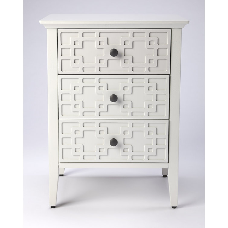 Glossy White Bayur Wood 3-Drawer Geometric Accent Chest